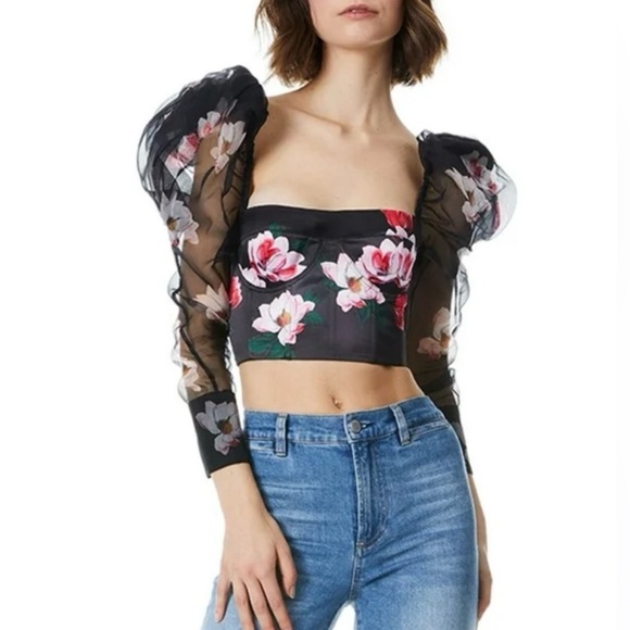 Alice + Olivia Tops - Alice + Olivia Floral Puff Sleeve Sheer Crop Top